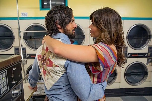 Jack and Rebecca from "This is Us" in a romantic hug